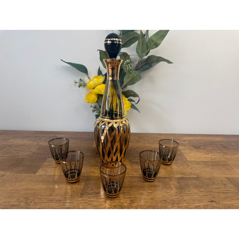 Vintage Amber Smoked Glass‎ Gold Decanter Set Cordial Glasses Barware Bohemian